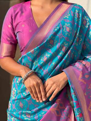 Blue wevon meenakari ikkat patola silk blendceremonial saree 3