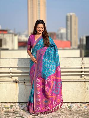 Blue wevon meenakari ikkat patola silk blendceremonial saree 4