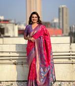 Pink wevon meenakari ikkat designer patola silk blendceremonial saree