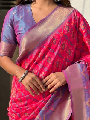 Pink wevon meenakari ikkat patola silk blendceremonial saree 3
