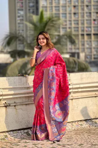 Pink wevon meenakari ikkat patola silk blendceremonial saree
