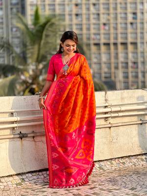 Orange wevon meenakari ikkat patola silk blendceremonial saree 4