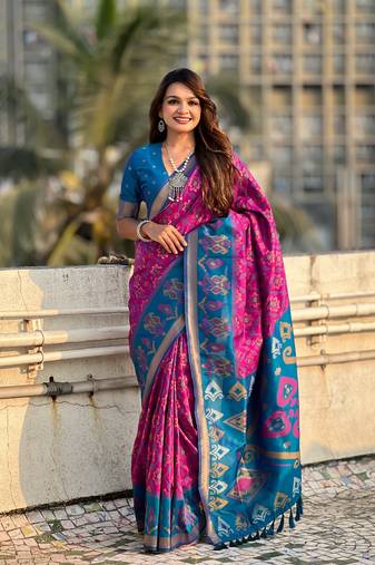 Purple wevon meenakari ikkat designer patola silk blendceremonial saree