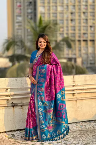 Purple wevon meenakari ikkat patola silk blendceremonial saree