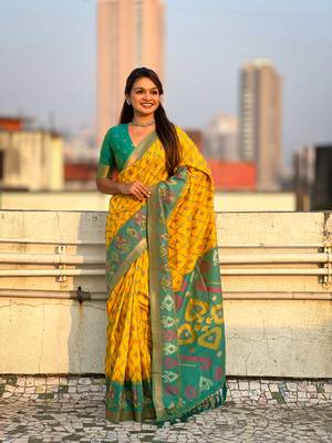 Mustard wevon meenakari ikkat patola silk blendceremonial saree 1