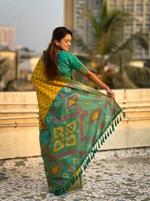 Mustard wevon meenakari ikkat patola silk blendceremonial saree 2