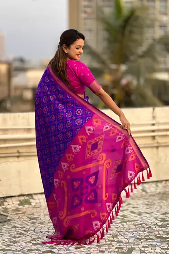 Royal blue wevon meenakari ikkat patola silk blendceremonial saree