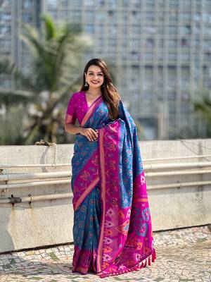Blue wevon meenakari ikkat patola silk blendceremonial saree 1