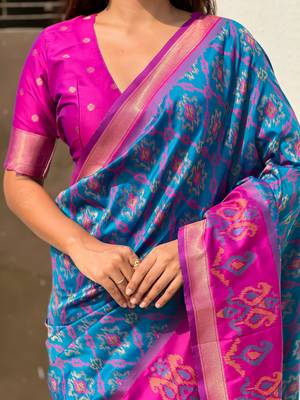 Blue wevon meenakari ikkat patola silk blendceremonial saree 3