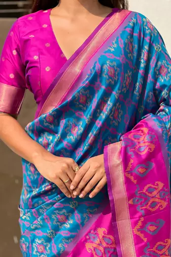 Blue wevon meenakari ikkat patola silk blendceremonial saree