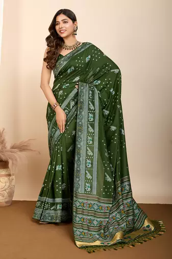 Green soft silk blendc wevon meenakari ceremonial saree