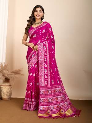 Pink soft silk blendc wevon meenakari ceremonial saree 1