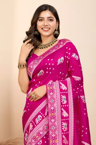 Pink soft silk blendc wevon meenakari ceremonial saree