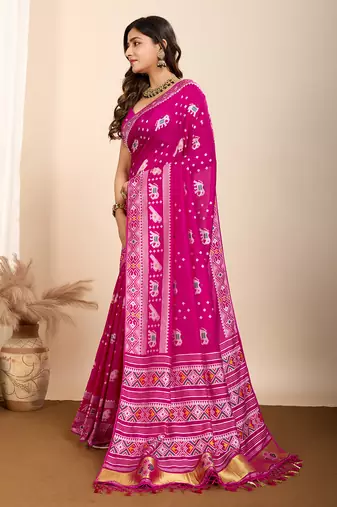 Pink soft silk blendc wevon meenakari ceremonial saree