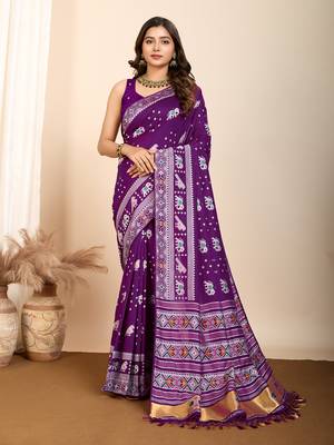 Purple soft silk blendc wevon meenakari ceremonial saree 1