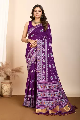 Purple soft silk blendc wevon meenakari designer ceremonial saree