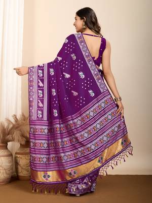 Purple soft silk blendc wevon meenakari ceremonial saree 2