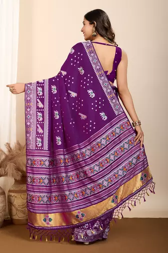 Purple soft silk blendc wevon meenakari ceremonial saree