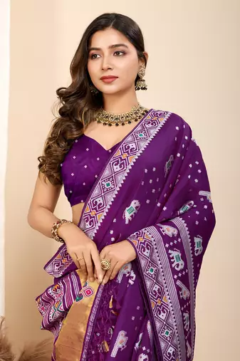 Purple soft silk blendc wevon meenakari ceremonial saree