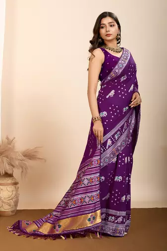 Purple soft silk blendc wevon meenakari ceremonial saree