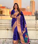 Royal blue soft silk blendc weaving figure pallu ceremonial saree