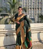 Bottel green soft silk blendc weaving figure pallu ceremonial saree