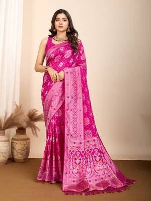 Pink soft silk blendwevon meenakari ceremonial partwear saree 1
