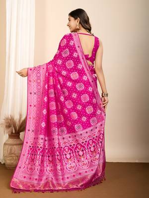 Pink soft silk blendwevon meenakari ceremonial partwear saree 2
