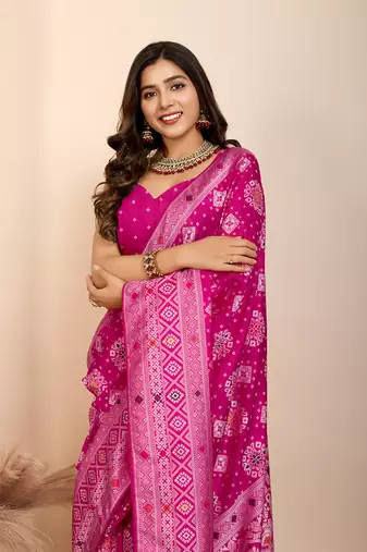 Pink soft silk blendwevon meenakari ceremonial partwear saree
