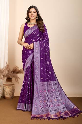Purple soft silk blendc wevon meenakari designer ethnic saree