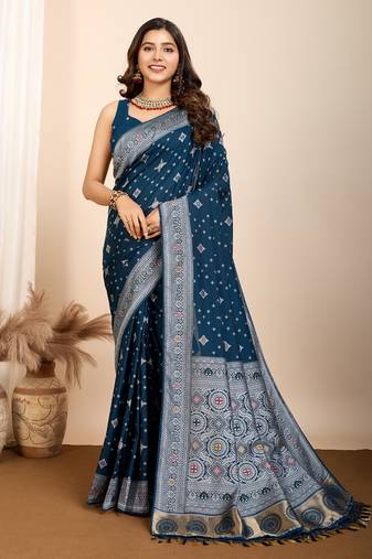 Teal blue soft silk blendc wevon meenakari designer ethnic saree