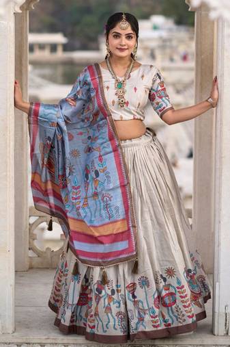 Cream  Fully Printed With Contrast Border Pure Manipuri Silk Lehenga With Unstitched Blouse