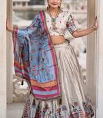 Cream  Fully Printed With Contrast Border Pure Manipuri Silk Lehenga With Unstitched Blouse