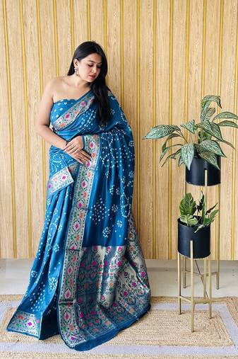 Firozi wevon paithani designer with bandhej printed ceremonial saree