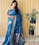 Firozi wevon paithani designer with bandhej printed ceremonial saree