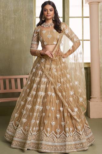 Beautiful Beige Thread Embroidered Net Lehenga Choli With Dupatta