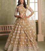 Beautiful Beige Thread Embroidered Net Lehenga Choli With Dupatta