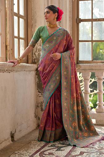 Wine banarasi silk blend weaving saree with zari woven fancy tassels