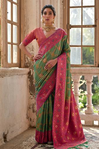 Pista banarasi silk blend weaving saree with zari woven fancy tassels