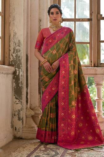 Mahendi banarasi silk blend weaving saree with zari woven fancy tassels