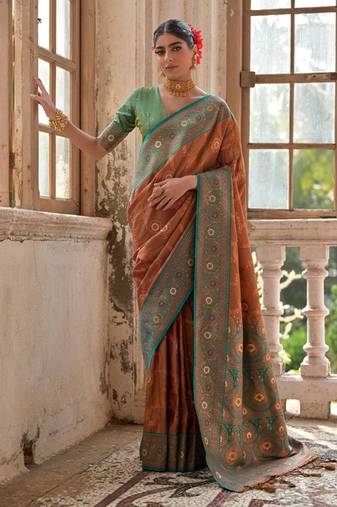 Coffee banarasi silk blend weaving saree with zari woven fancy tassels