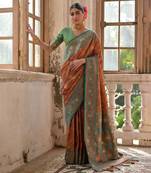Coffee banarasi silk blend weaving saree with zari woven fancy tassels