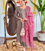 Brown viscose chanderi heavy thread embroidery work with printed dupatta kurta pant set