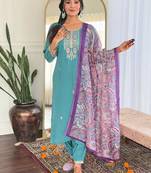 Turquoise blue viscose chanderi heavy thread embroidery work with printed dupatta kurta pant set