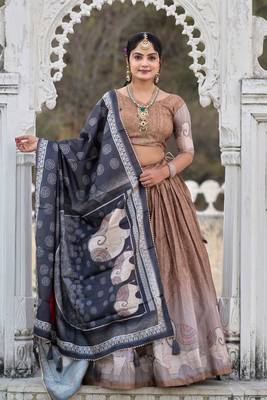 Brown  Fully Printed With Contrast Border Pure Manipuri Silk Lehenga With (Unstitched)  Blouse 1