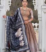 Brown  Fully Printed With Contrast Border Pure Manipuri Silk Lehenga With (Unstitched)  Blouse