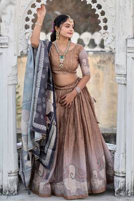 Brown  Fully Printed With Contrast Border Pure Manipuri Silk Lehenga With (Unstitched)  Blouse 2