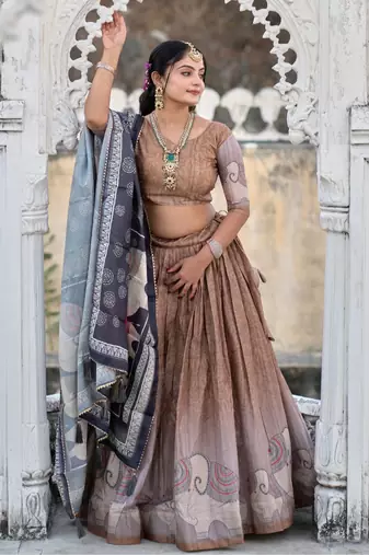 Brown  Fully Printed With Contrast Border Pure Manipuri Silk Lehenga With (Unstitched)  Blouse