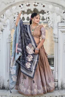 Brown  Fully Printed With Contrast Border Pure Manipuri Silk Lehenga With (Unstitched)  Blouse 3
