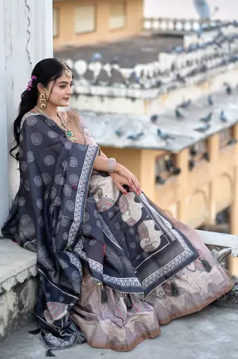 Brown  Fully Printed With Contrast Border Pure Manipuri Silk Lehenga With (Unstitched)  Blouse